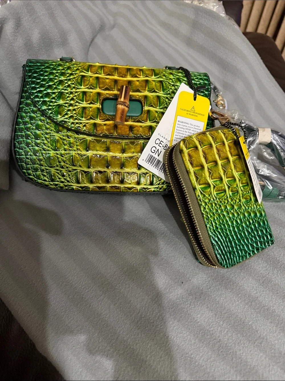 Iridescent Green Croc-Embossed Top-Handle Satchel